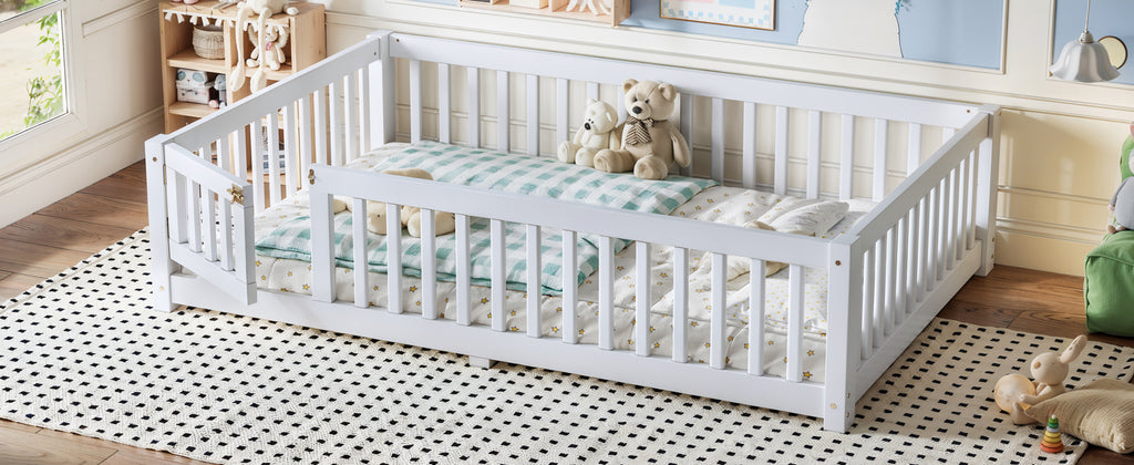Full Size Bed Floor Bed with Safety Guardrails and Door for Kids, White