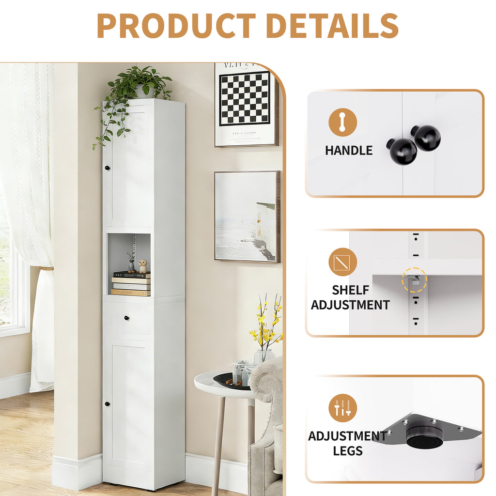 71 Inch Tall Bathroom Storage Cabinet, 5 Tier Narrow Metal Cabinet with 2 Doors & Adjustable Shelves, Freestanding Cabinet for Space Saving in Kitchen, Laundry Room, Pantry, White