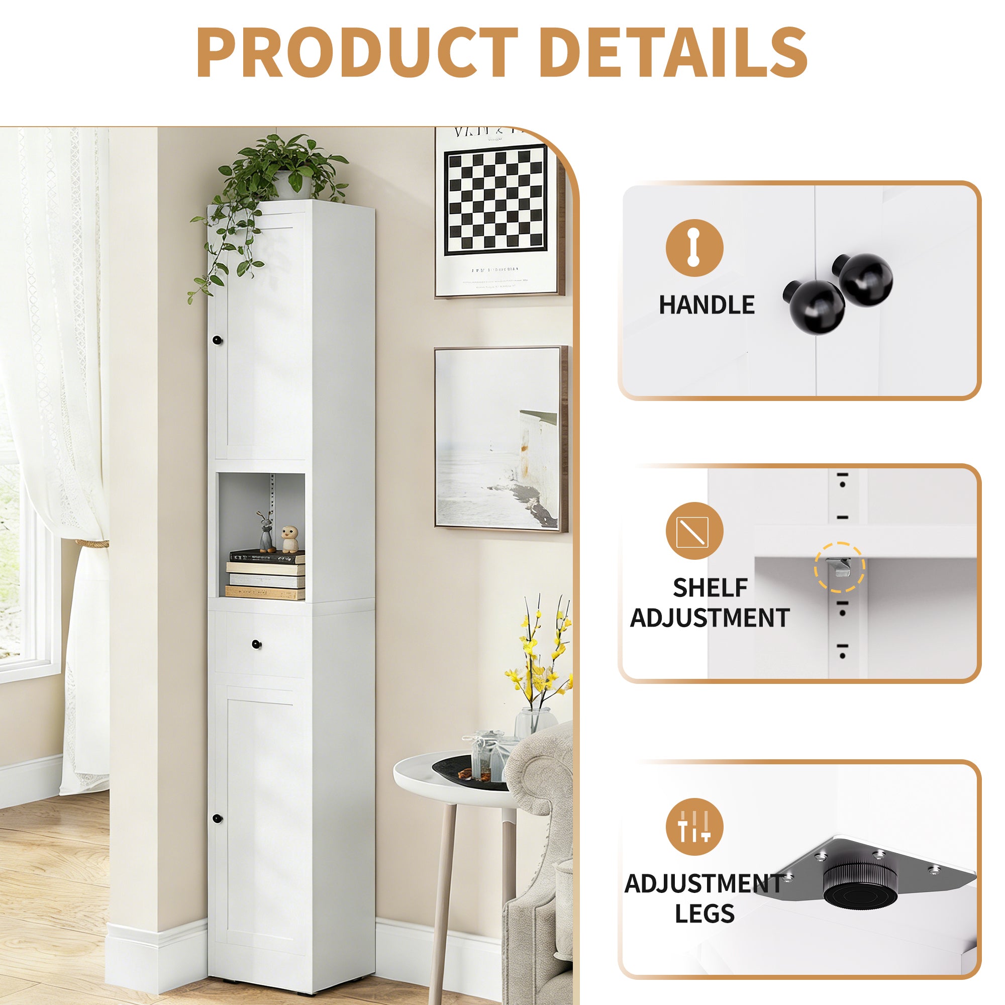 71 Inch Tall Bathroom Storage Cabinet, 5 Tier Narrow Metal Cabinet with 2 Doors & Adjustable Shelves, Freestanding Cabinet for Space Saving in Kitchen, Laundry Room, Pantry, White