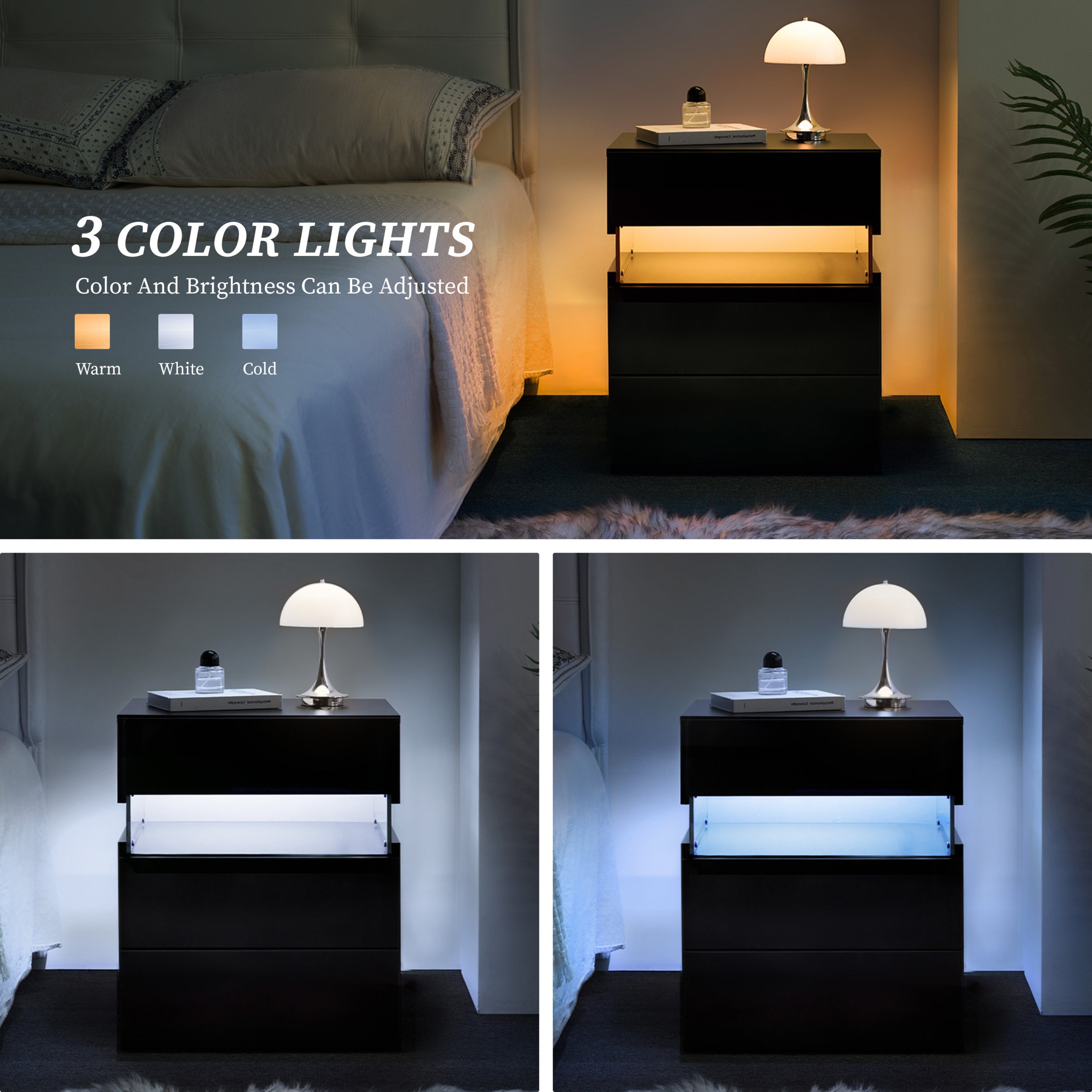 LED Nightstands 3 Drawer Dresser for Bedroom End Table with Acrylic Board LED Bedside Tables Black