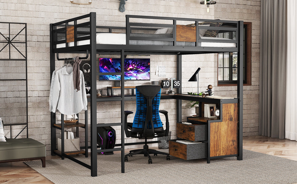 Queen Loft Bed with Desk and Storage Non woven Fabric Drawers, Metal Loft Bed Frame with Ladders, Nosie free and No Spring Box Needed, Black