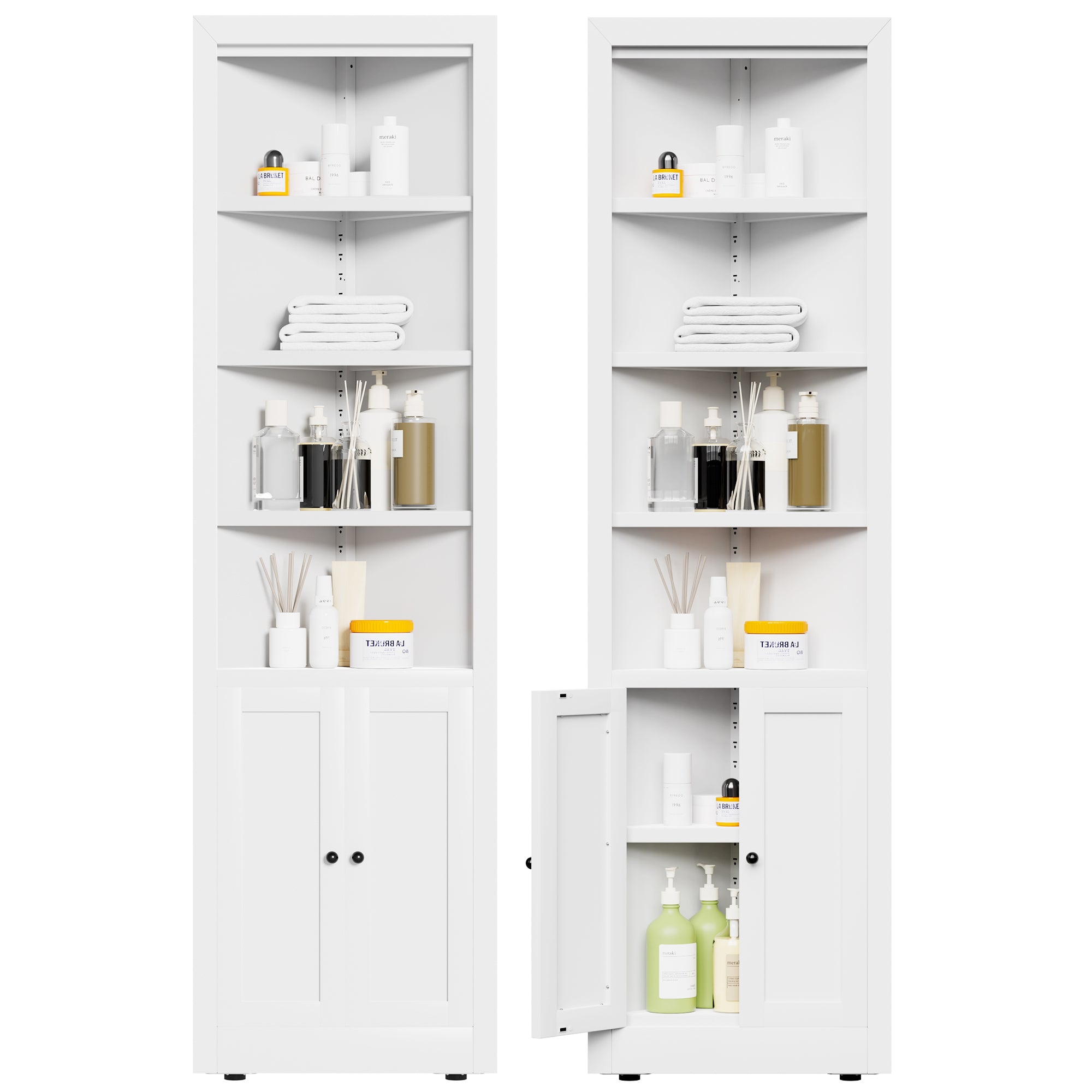 71" Tall Corner Storage Cabinet with 2 Doors, 5 Tier Metal Cabinet with Adjustable Shelves, Freestanding Kitchen Storage for Pantry, Living Room, Bathroom, Laundry Room, Space Saving Furniture, White