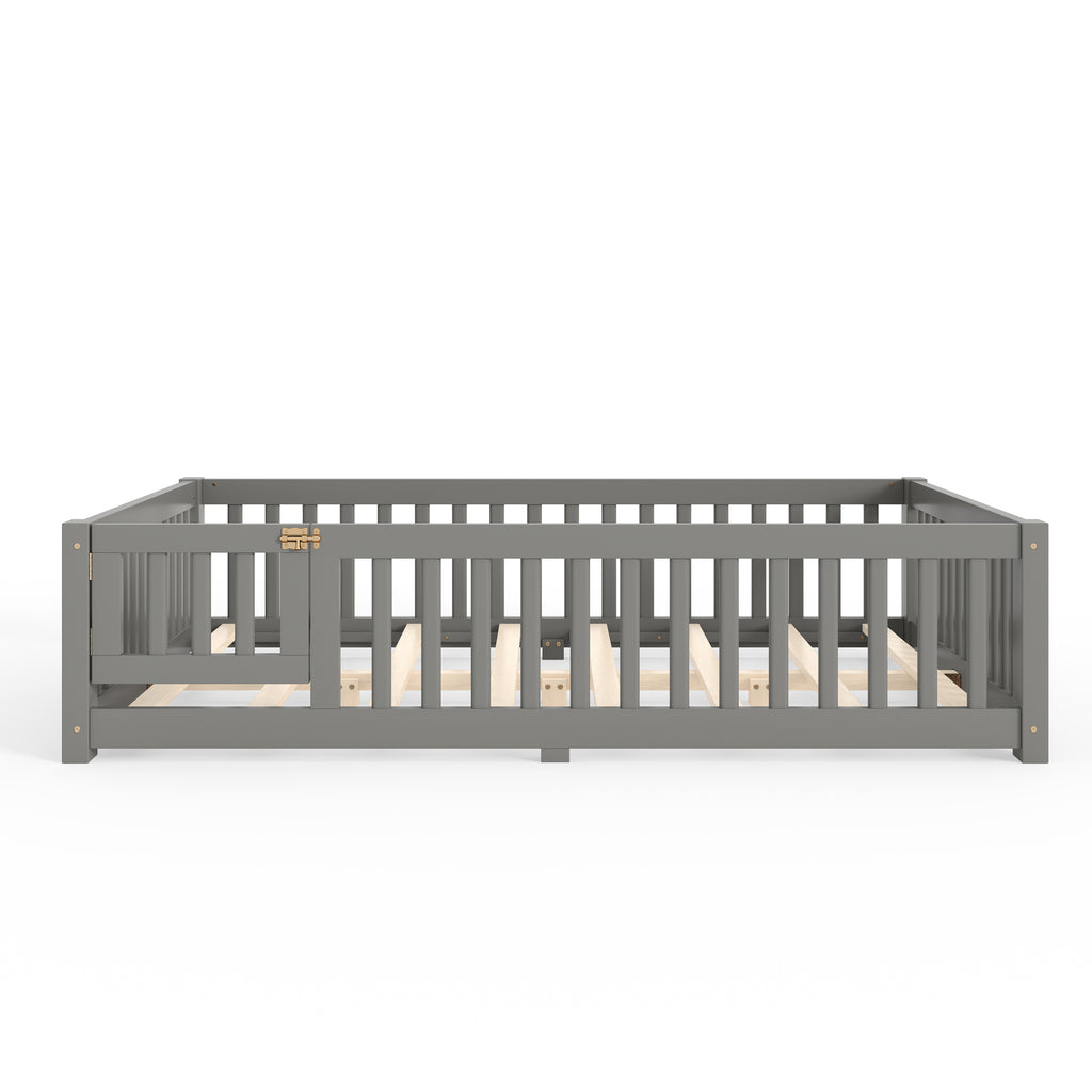 Full Size Bed Floor Bed with Safety Guardrails and Door for Kids, Gray