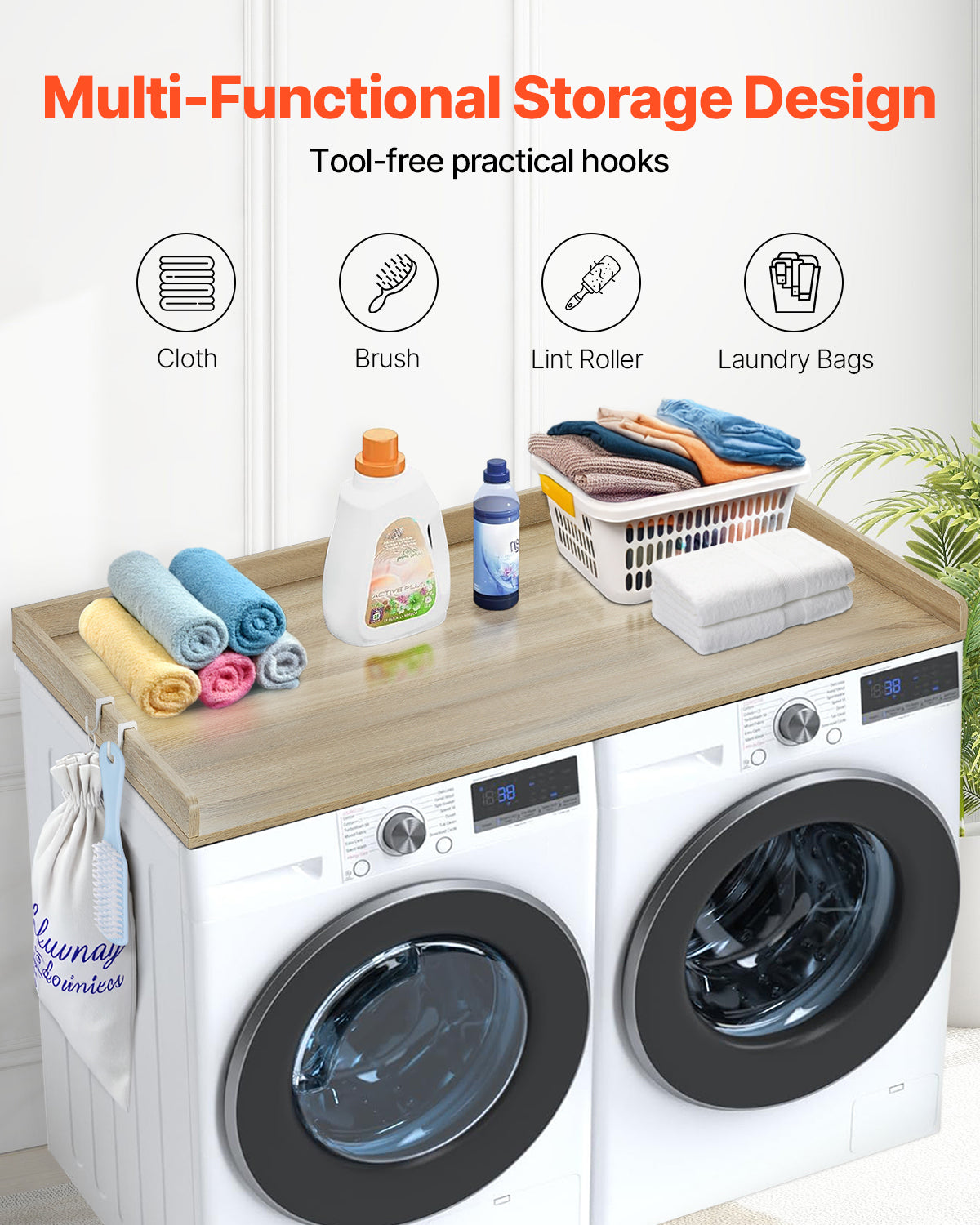 Washer Dryer Countertop, 54" x 27" Wooden Washer and Dryer Countertop, Water Resistant Laundry Machine Topper Cover with Anti Slip Pads, for Laundry Room Organization and Storage, Oak