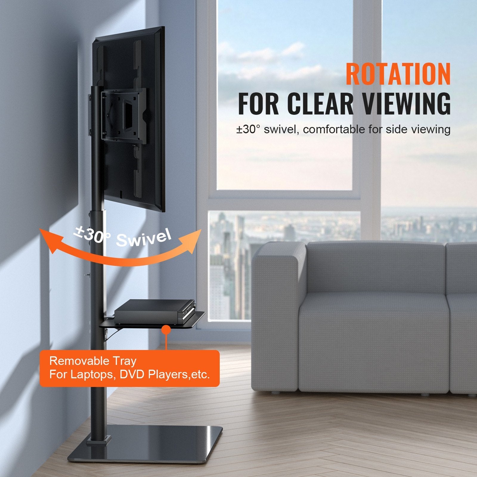 TV Stand Mount, Swivel Tall TV Stand for 32 to 65 inch TVs, Height Adjustable Portable Floor TV Stand with Tempered Glass Base for Bedroom, Living Room