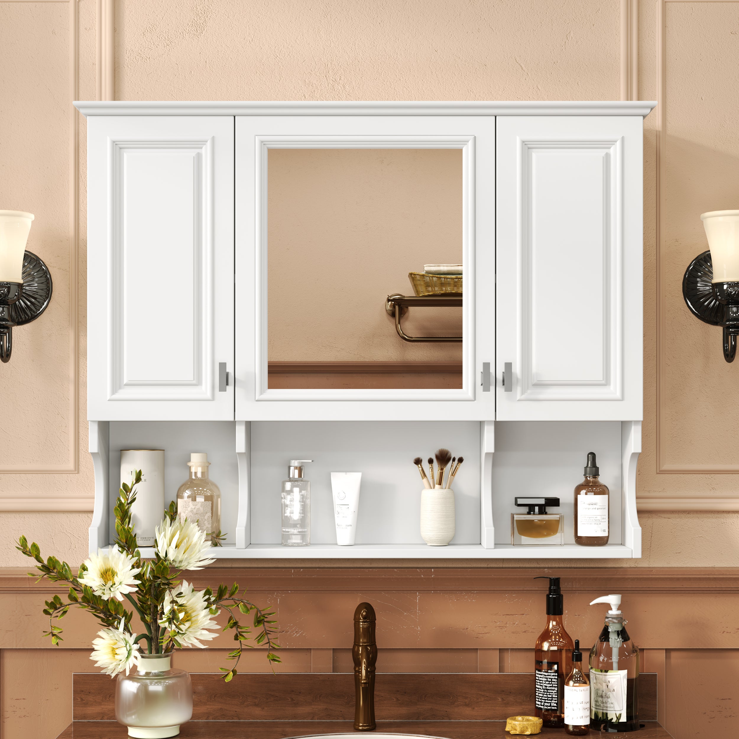 35'' x 28'' Wall Mounted Bathroom Medicine Cabinet, Modern Bathroom Wall Cabinet with Mirror, Mirror Cabinet with Open Shelves