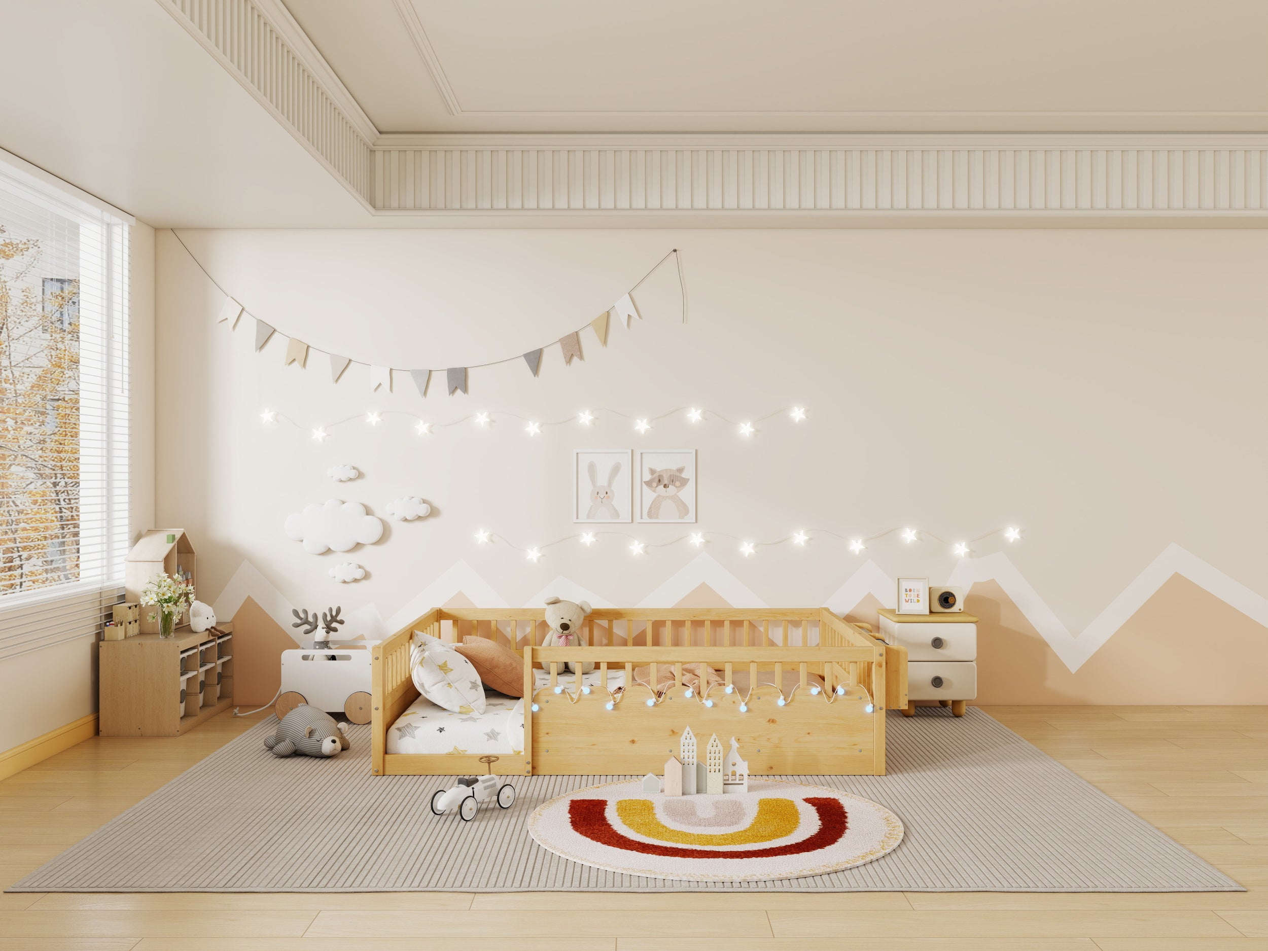 Full Montessori Floor Bed Frame with High Rails, Wood Kids Floor Beds with Light and Storage Shelf, Natural Expect Arrival Date 2025 8 15