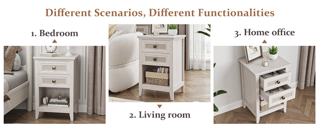 Farmhouse Nightstand, Boho Bedside Table with 2 Rattan Decor Drawers, Accent End Table with Open Storage Shelf, Wood Bedside Unit for Bedroom, Living Room, Home Office, Grayish White