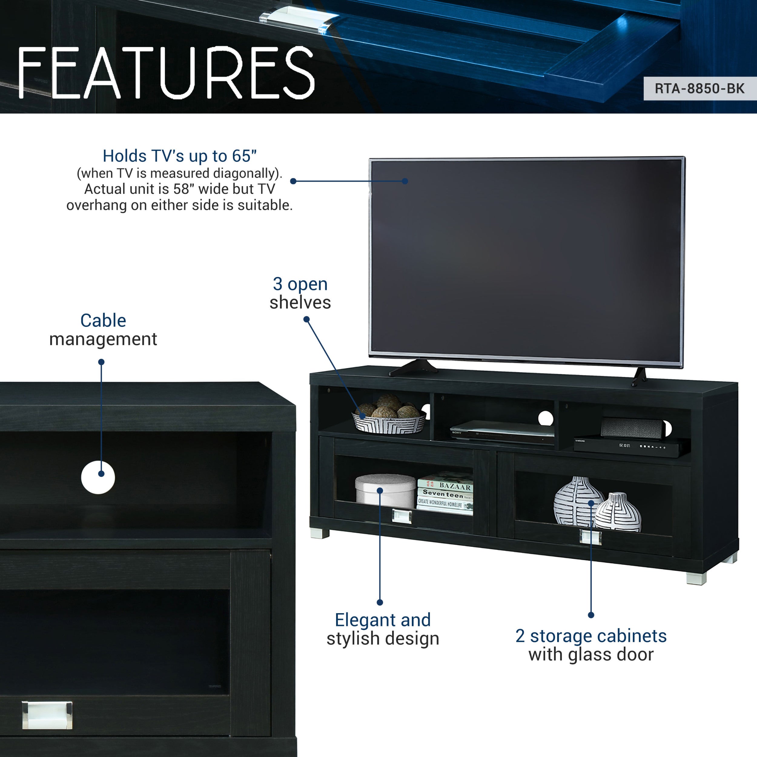 Durbin TV Stand for TVs up to 65in, Black