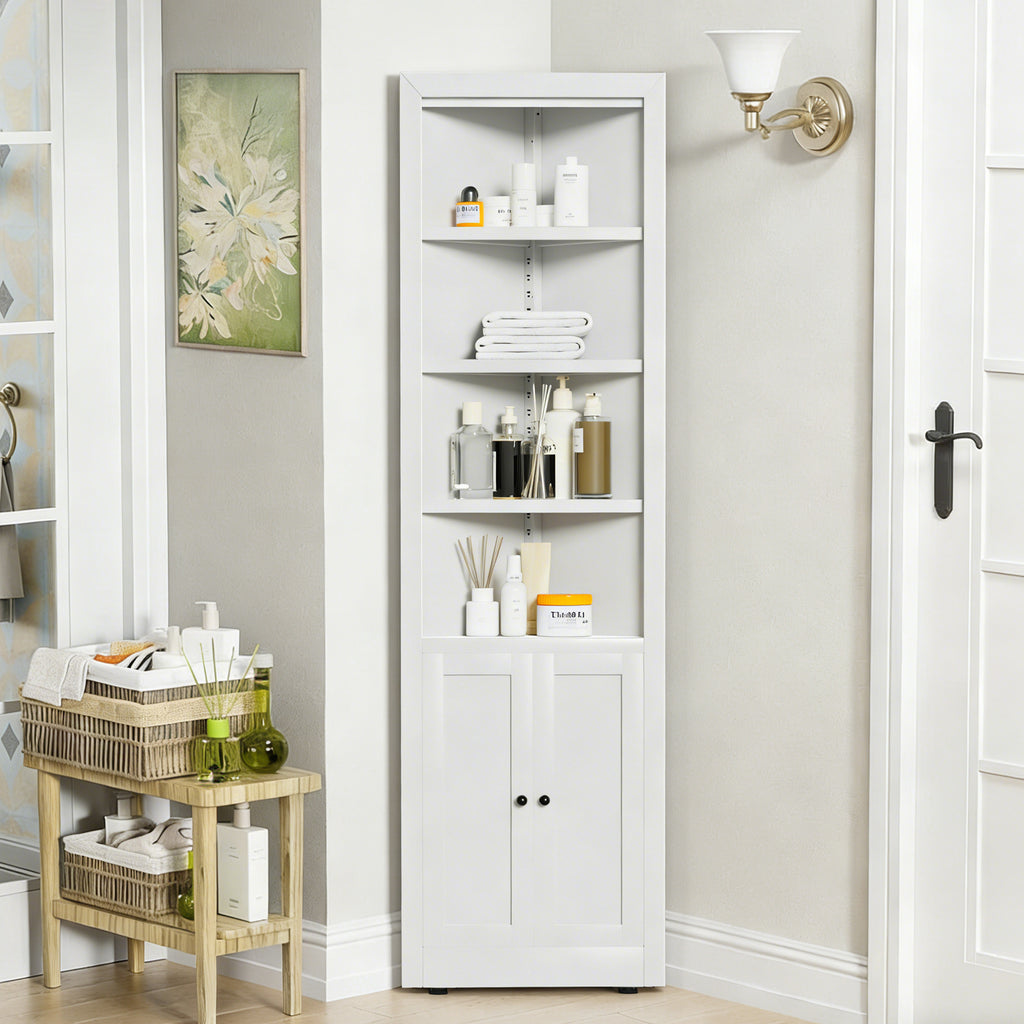 71" Tall Corner Storage Cabinet with 2 Doors, 5 Tier Metal Cabinet with Adjustable Shelves, Freestanding Kitchen Storage for Pantry, Living Room, Bathroom, Laundry Room, Space Saving Furniture, White