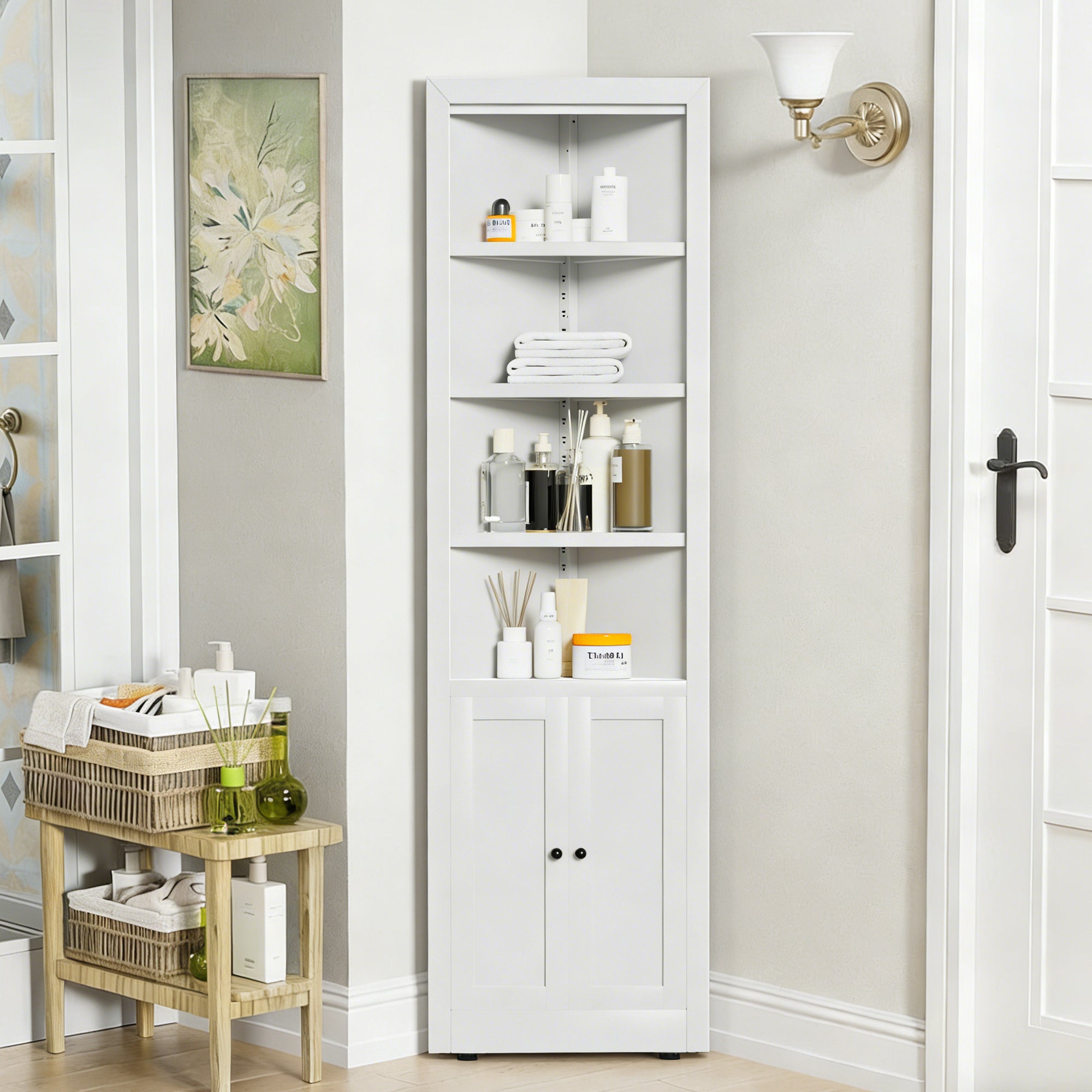 71" Tall Corner Storage Cabinet with 2 Doors, 5 Tier Metal Cabinet with Adjustable Shelves, Freestanding Kitchen Storage for Pantry, Living Room, Bathroom, Laundry Room, Space Saving Furniture, White
