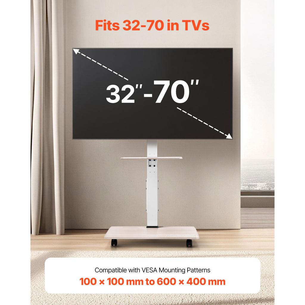 Rolling TV Stand, Mobile TV Cart for 32 70 Inch Screens, 25 Left Right Rotation and Height Adjustable TV Mount with Tray, Holds up to 88 lbs for Corner, Bedroom, Outdoor, Max VESA 600x400mm