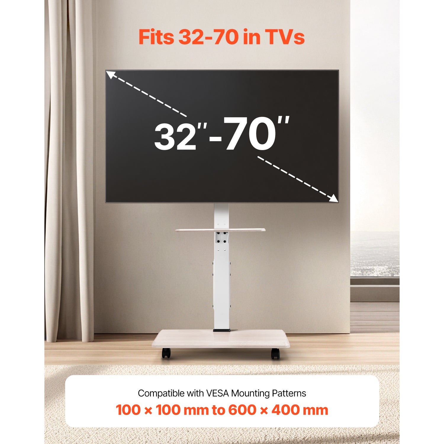 Rolling TV Stand, Mobile TV Cart for 32 70 Inch Screens, 25 Left Right Rotation and Height Adjustable TV Mount with Tray, Holds up to 88 lbs for Corner, Bedroom, Outdoor, Max VESA 600x400mm