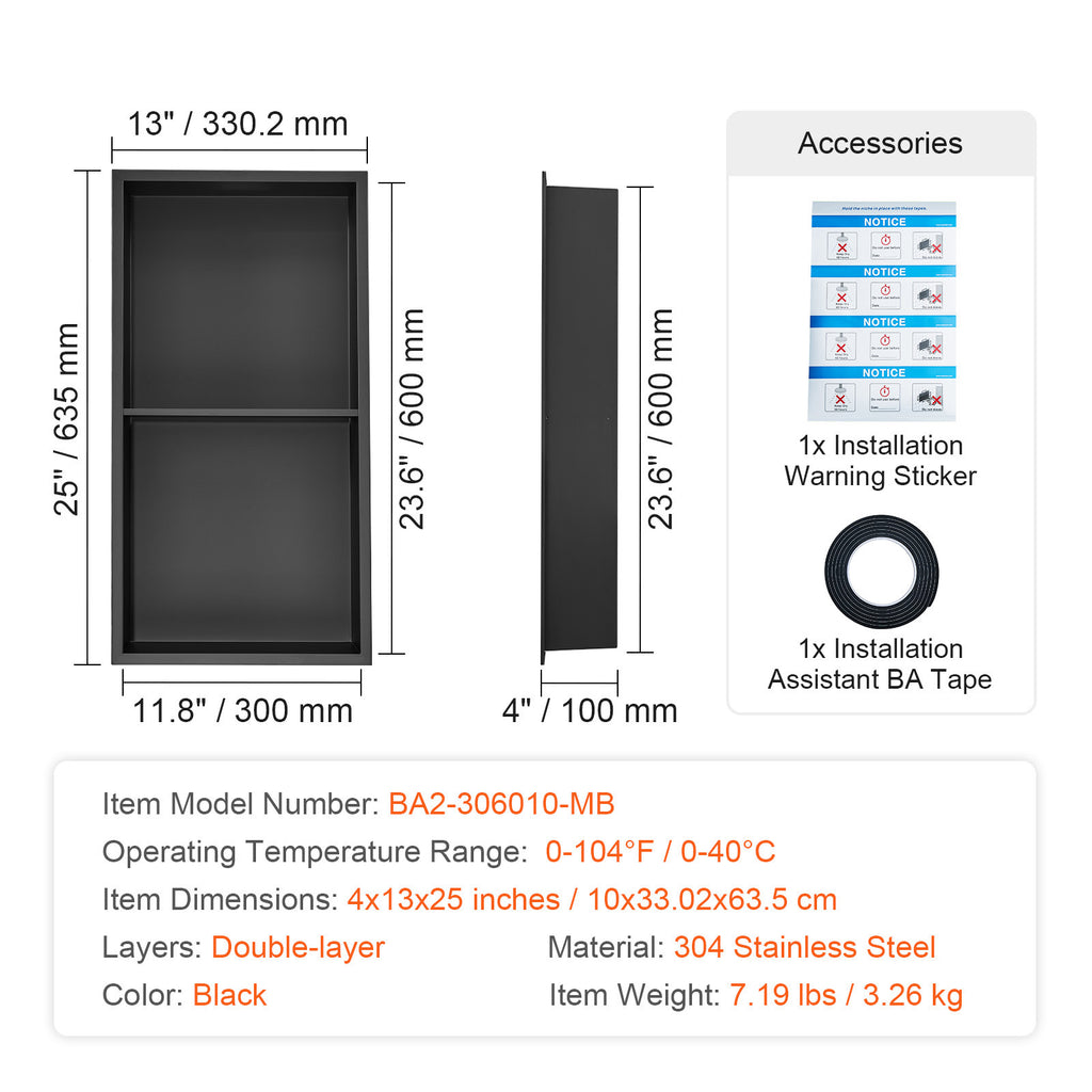 13"x25" No Tile Shower Niche 304 Stainless Steel, Wall Inserted Niche Recessed Double Shelves, Sealed Waterproof Rust Resistant Easy Cleaning Modern Niche for Shower or Soap Storage Bathroom