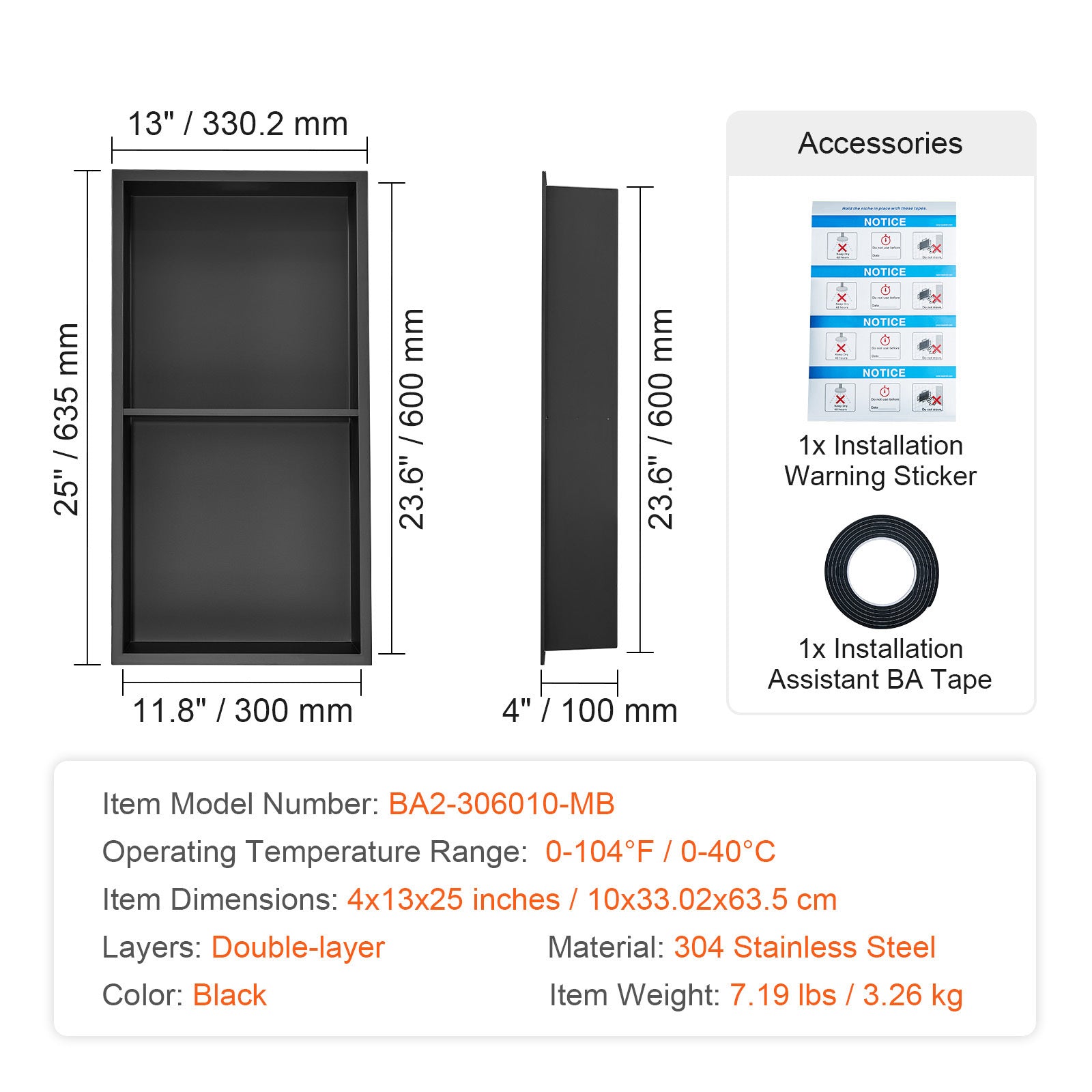 13"x25" No Tile Shower Niche 304 Stainless Steel, Wall Inserted Niche Recessed Double Shelves, Sealed Waterproof Rust Resistant Easy Cleaning Modern Niche for Shower or Soap Storage Bathroom