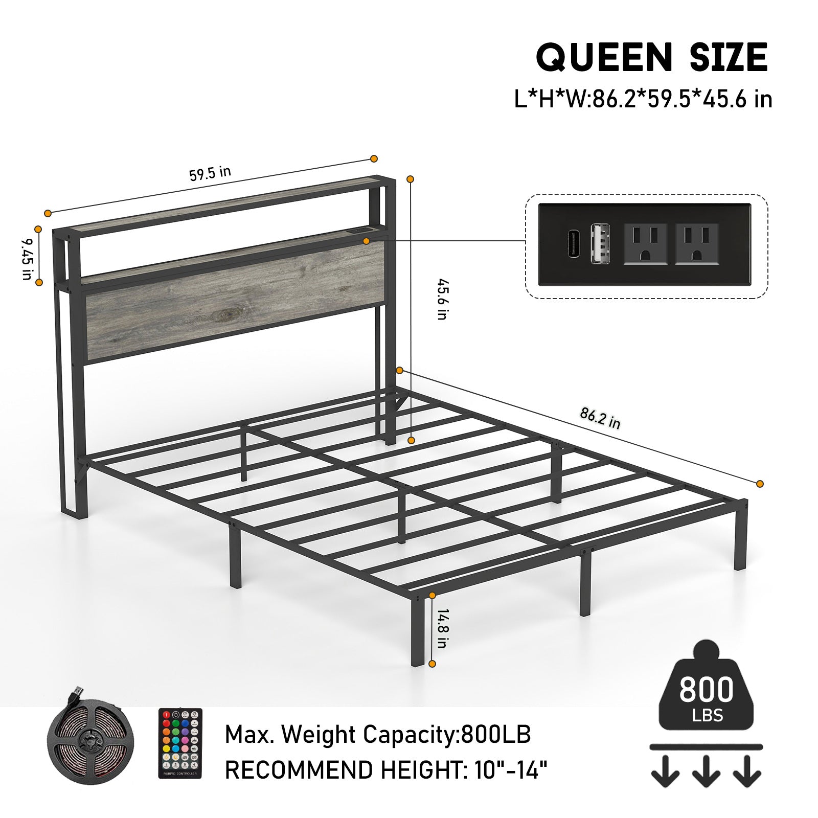 Queen Size Bed Frame with Headboard, RGB LED Light & Charging Station & Under Bed Storage Space, Easy Assembly Rustic Grey