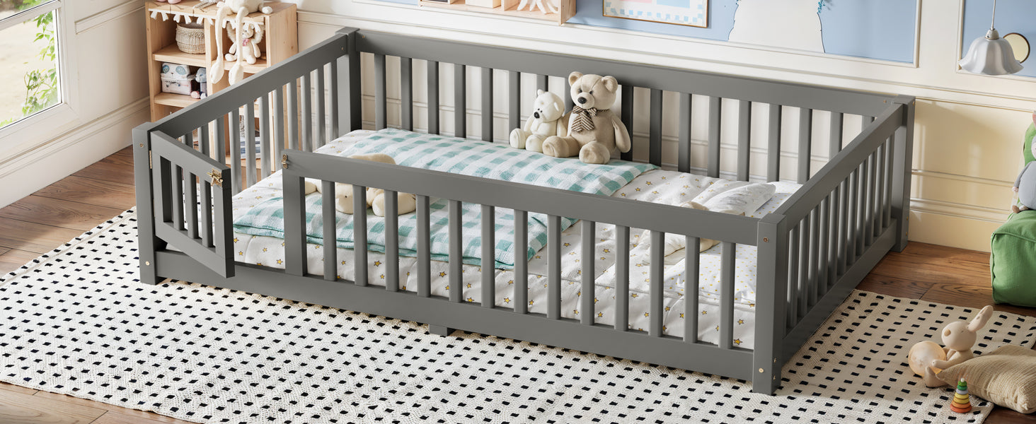 Full Size Bed Floor Bed with Safety Guardrails and Door for Kids, Gray