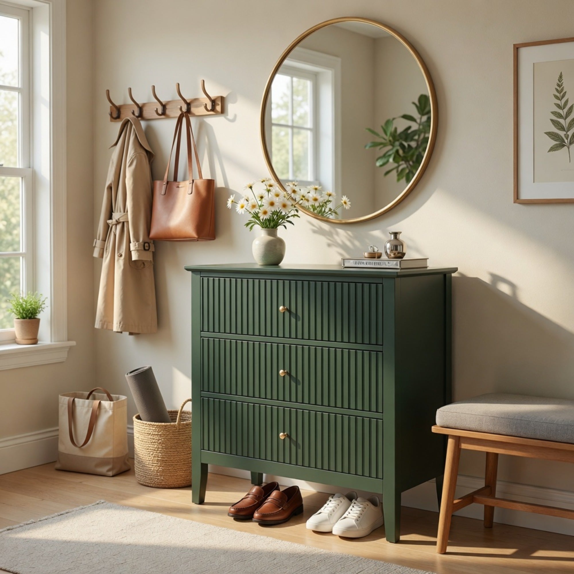32" Wide Green Fluted 3 Drawer Nightstand, Large Modern Bedroom End Table