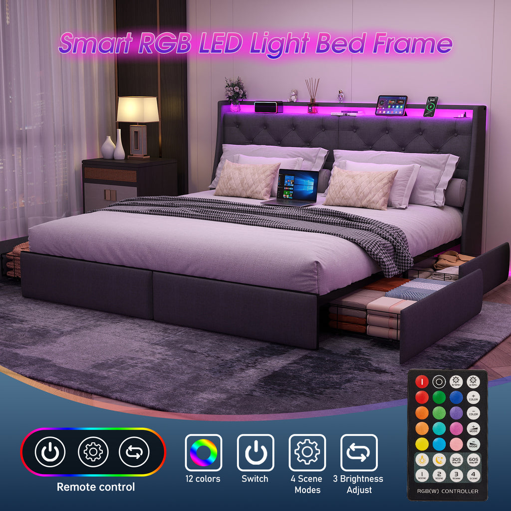 Queen Metal Platform Bed Frame Grey, Storage Headboard with RGB LED & Charging Station