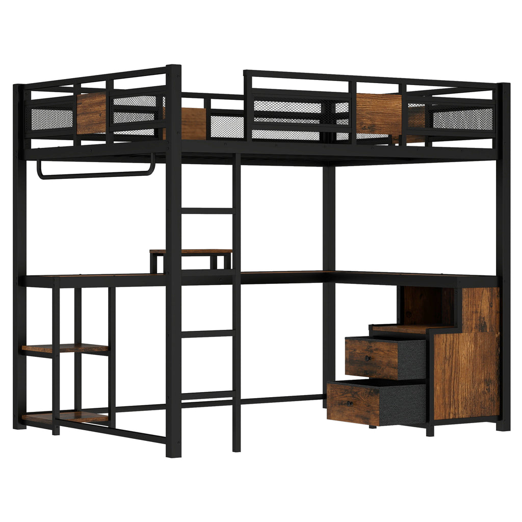 Queen Loft Bed with Desk and Storage Non woven Fabric Drawers, Metal Loft Bed Frame with Ladders, Nosie free and No Spring Box Needed, Black