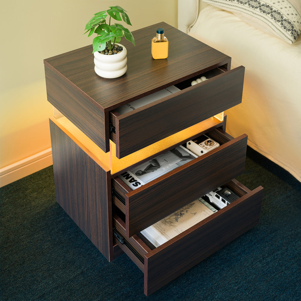 LED Nightstands 3 Drawer Dresser for Bedroom End Table with Acrylic Board LED Bedside Tables Walnut