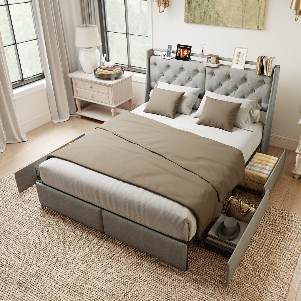 Queen Metal Platform Bed Frame Grey, Storage Headboard with RGB LED & Charging Station