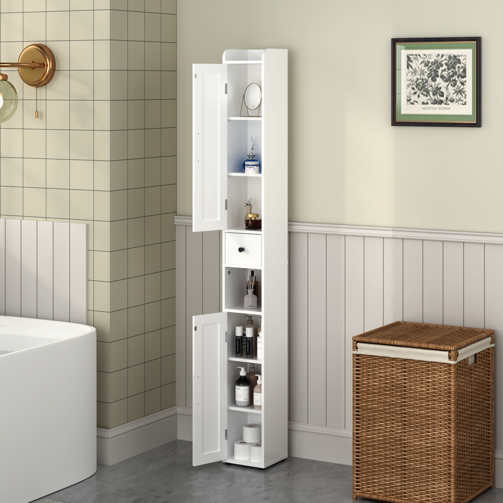 67.51" Tall Bathroom Storage Cabinet with Adjustable Shelves,Slim 2 Doors Freestanding Cabinet with Anti Tip, Open compartments, for Home, Small Spaces, Bathroom,Kitchen, Living Room, White