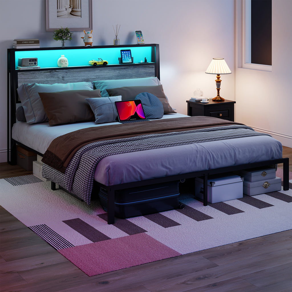 Queen Size Bed Frame with Headboard, RGB LED Light & Charging Station & Under Bed Storage Space, Easy Assembly Rustic Grey