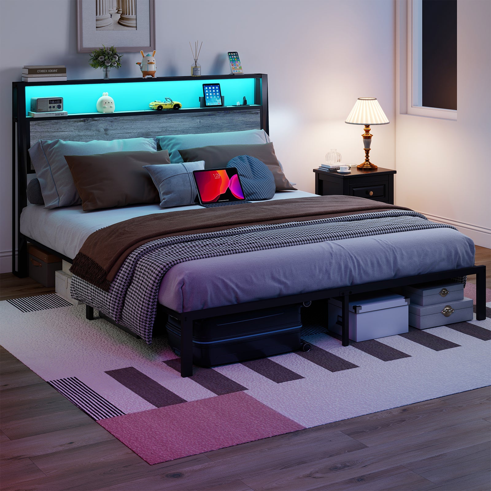 Queen Size Bed Frame with Headboard, RGB LED Light & Charging Station & Under Bed Storage Space, Easy Assembly Rustic Grey