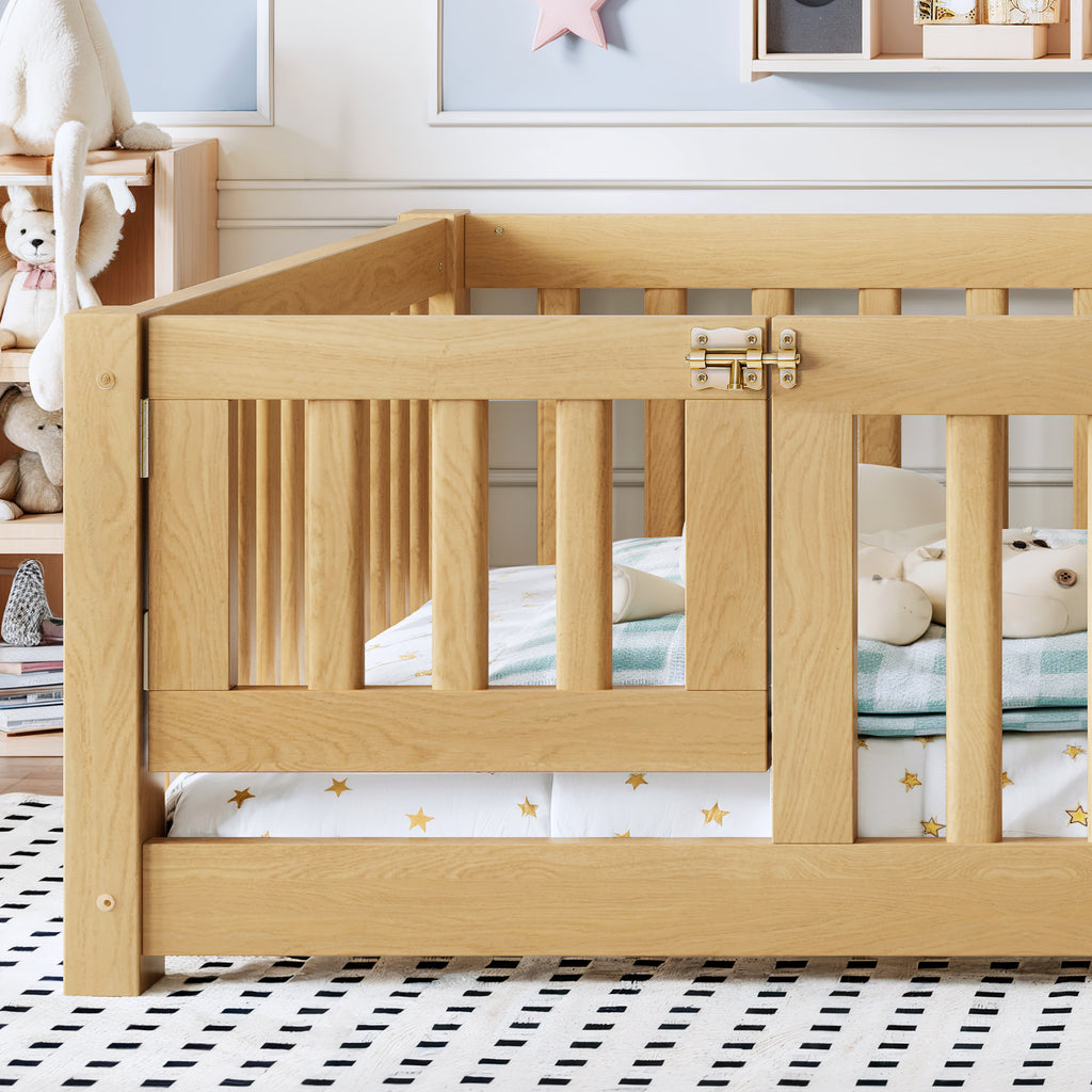 Full Size Bed Floor Bed with Safety Guardrails and Door for Kids, Natural
