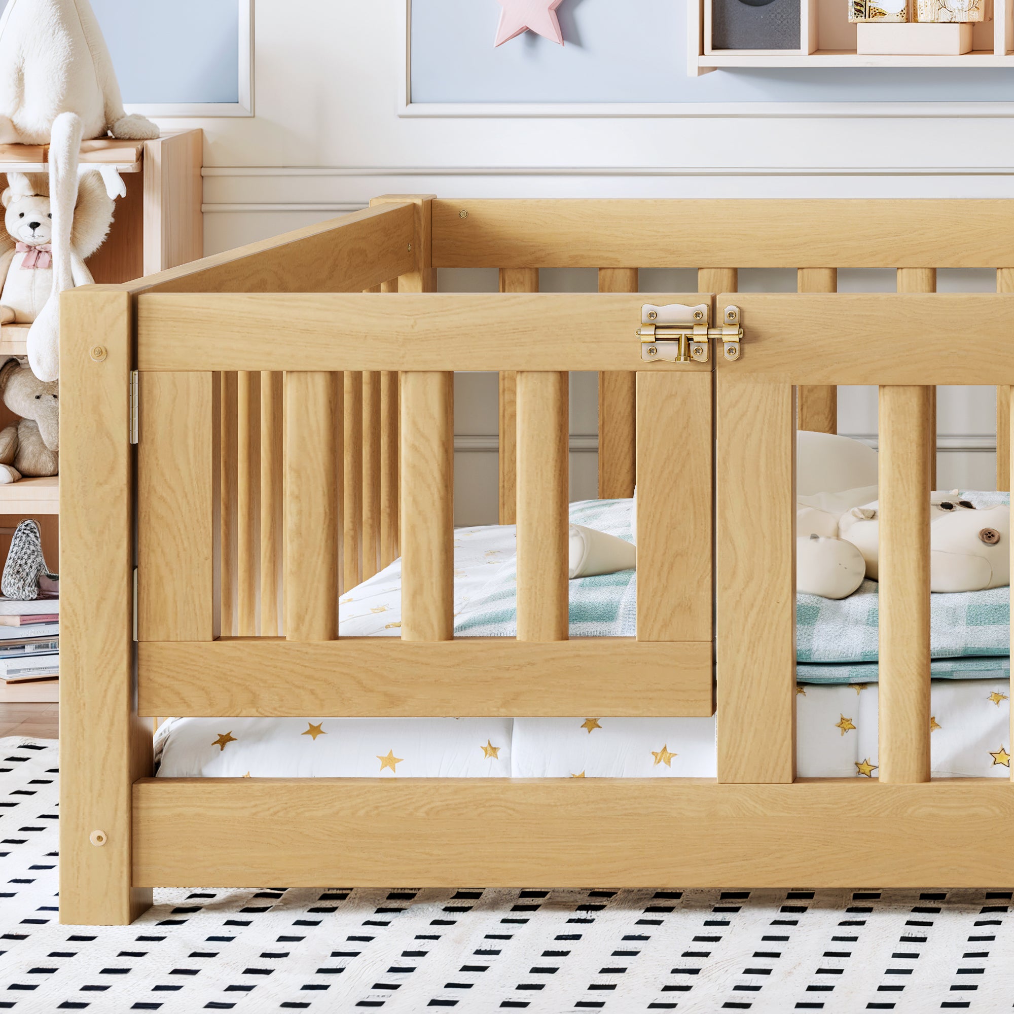 Full Size Bed Floor Bed with Safety Guardrails and Door for Kids, Natural