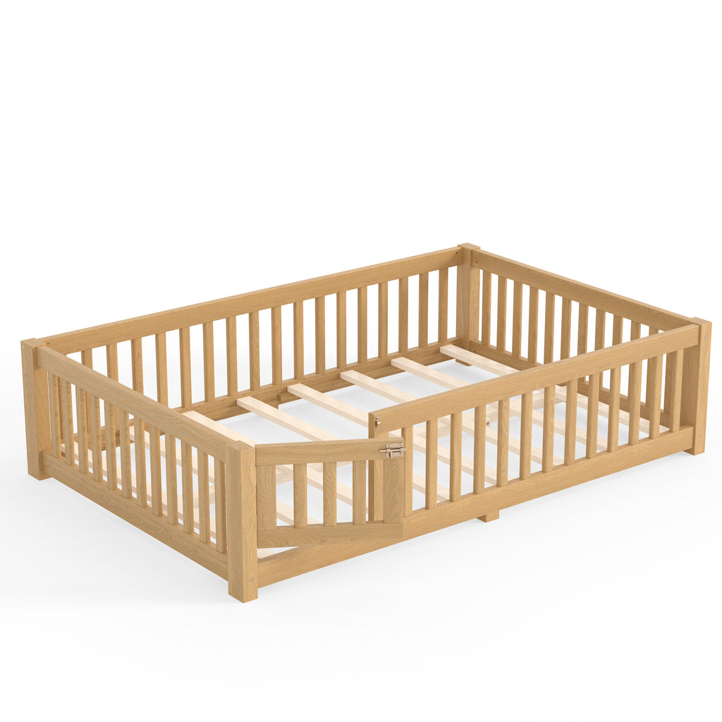 Full Size Bed Floor Bed with Safety Guardrails and Door for Kids, Natural