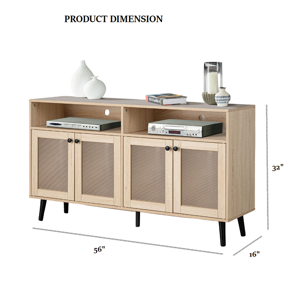 Mid Century Modern TV Stand Tapered Leg Round Knobs Cabinet Doors Natural Finish Primary Living Room