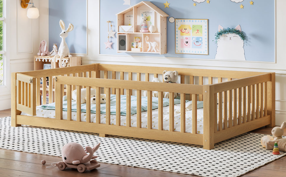 Full Size Bed Floor Bed with Safety Guardrails and Door for Kids, Natural