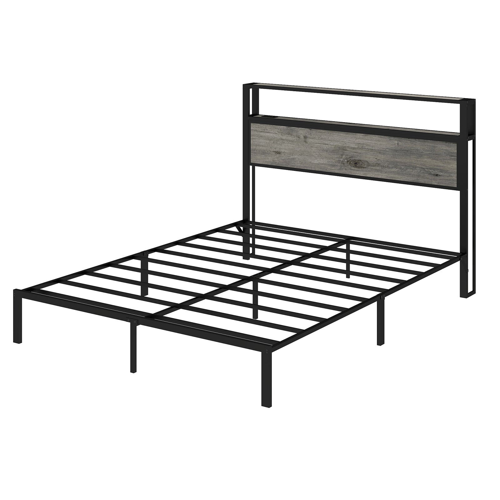 Queen Size Bed Frame with Headboard, RGB LED Light & Charging Station & Under Bed Storage Space, Easy Assembly Rustic Grey