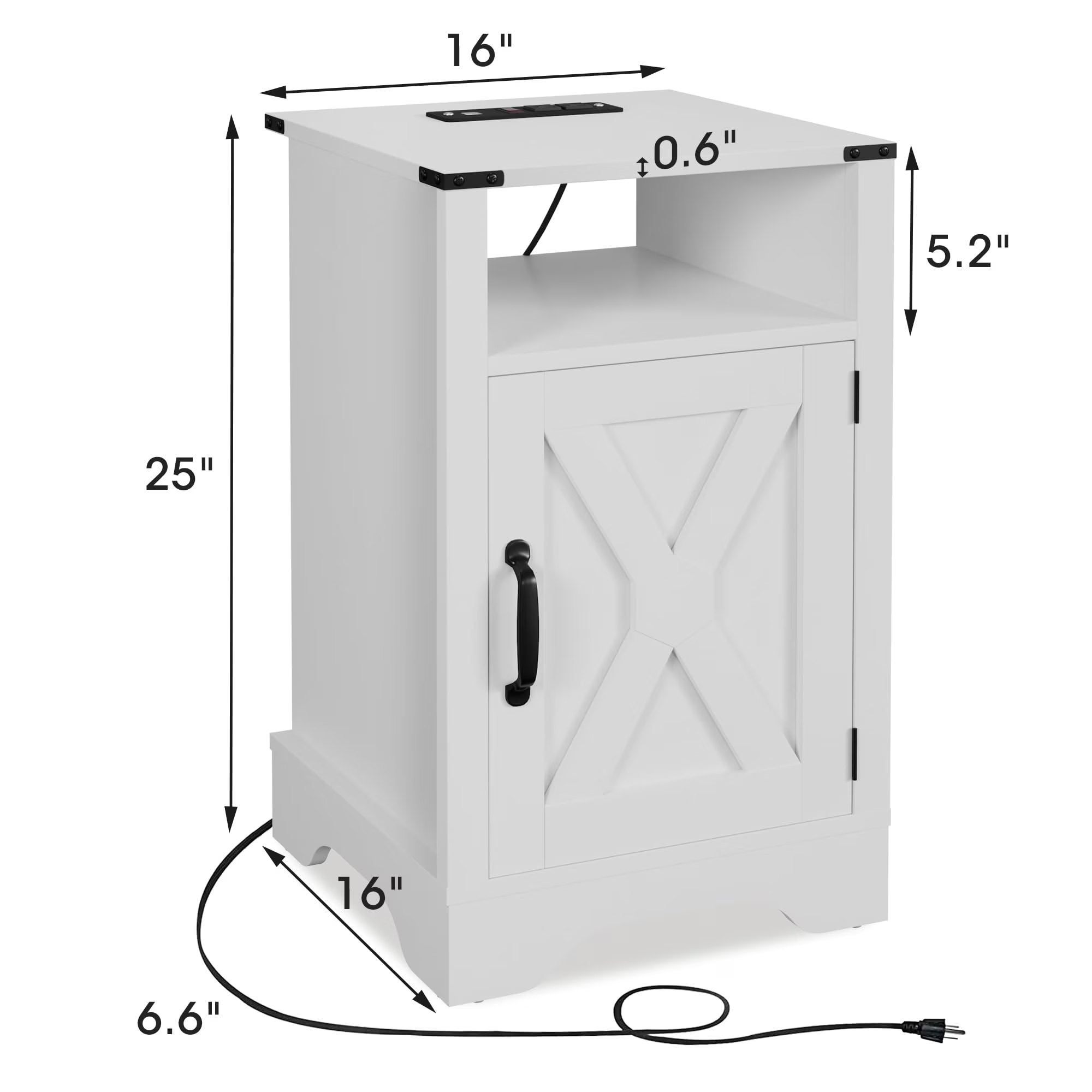 Farmhouse Nightstand with Charging Station Wooden Rustic End Table for Bedroom, Living Room, 16" D x 16" W x 25" H Set of 1 , White