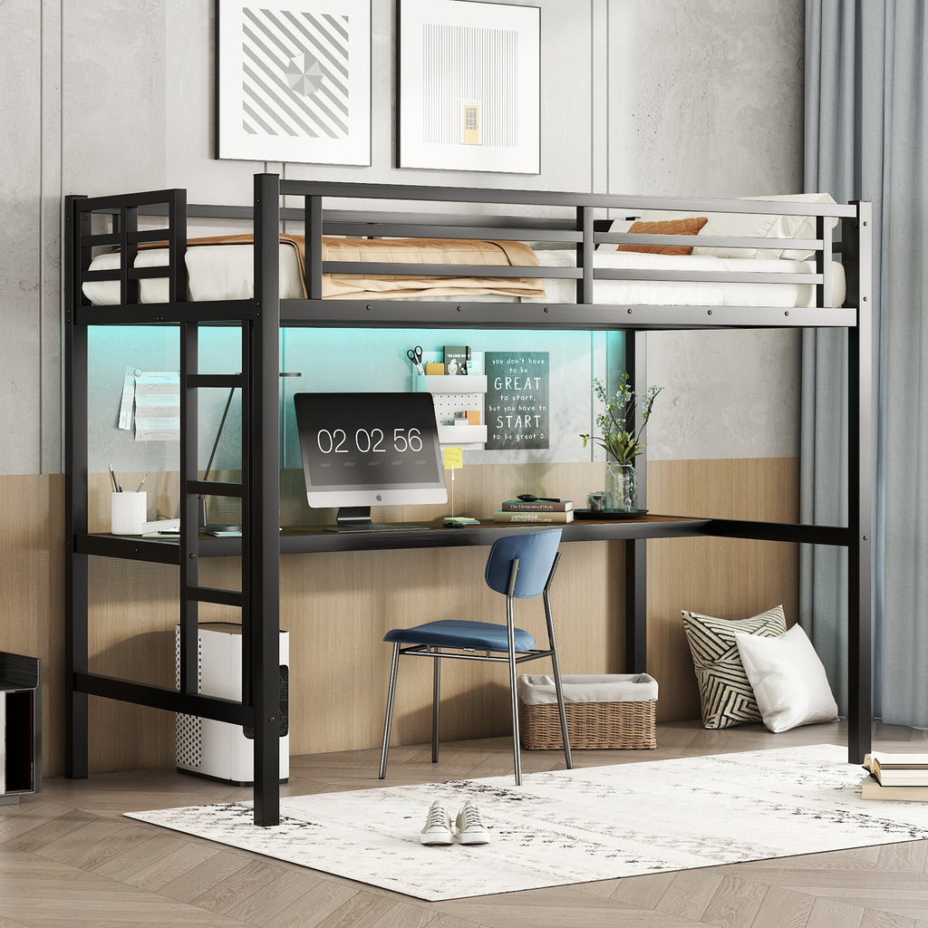 Metal Twin XL Size Loft Bed with Power Outlet and LED Lighted, Space Saving, Noise Reduced, Black