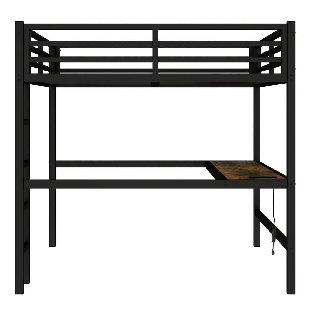 Metal Queen Size Loft Bed with Power Outlet and LED Lighted, Space Saving, Noise Reduced, Black