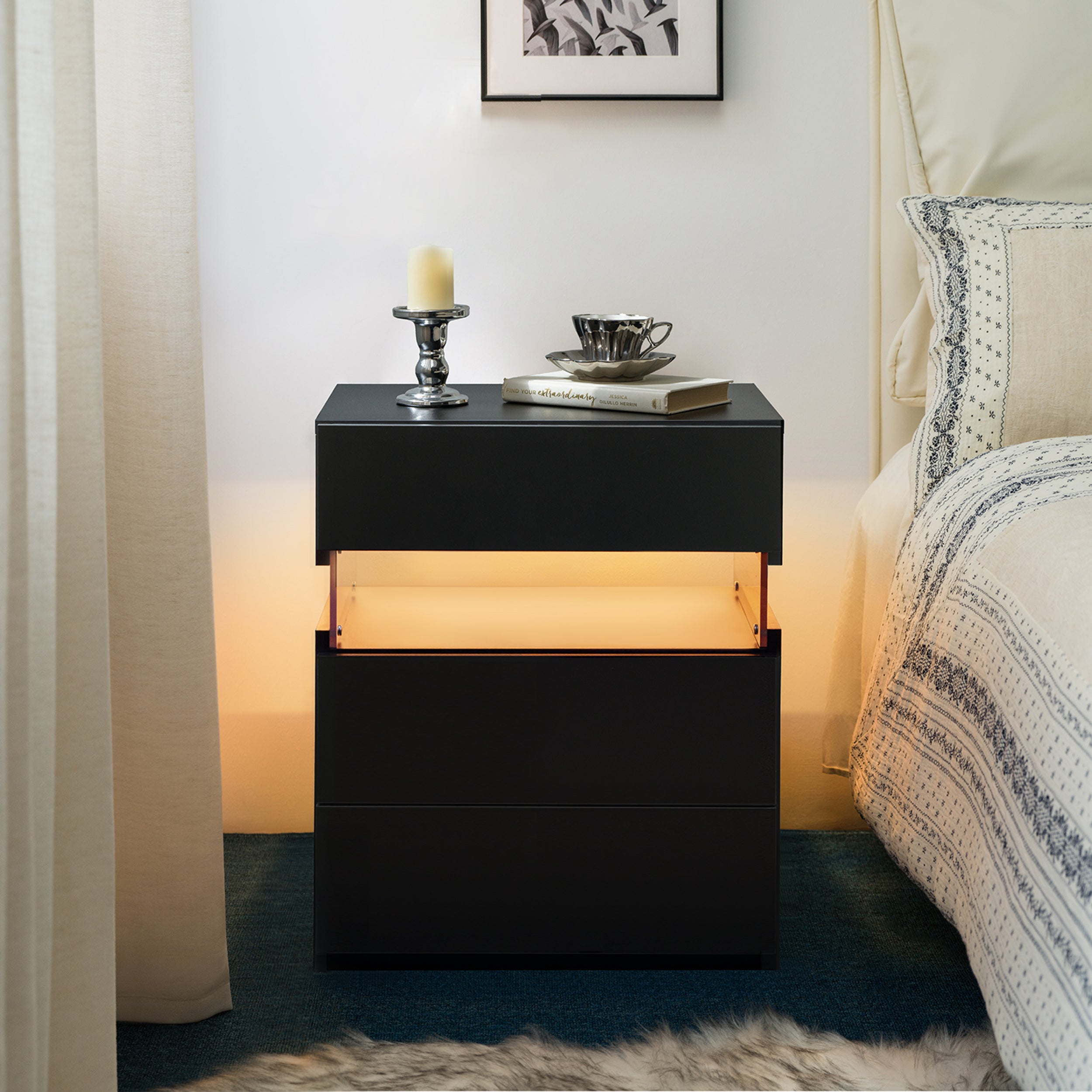 LED Nightstands 3 Drawer Dresser for Bedroom End Table with Acrylic Board LED Bedside Tables Black