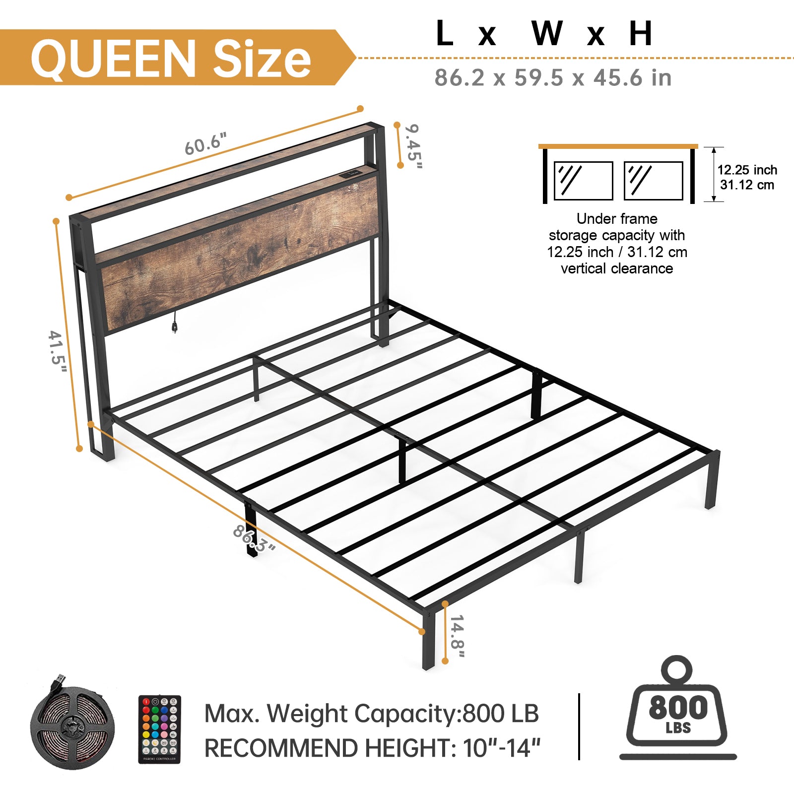 Queen Size Bed Frame with Headboard, RGB LED Light & Charging Station & Under Bed Storage Space, Easy Assembly Vintage Brown Old sku:T3963P483788