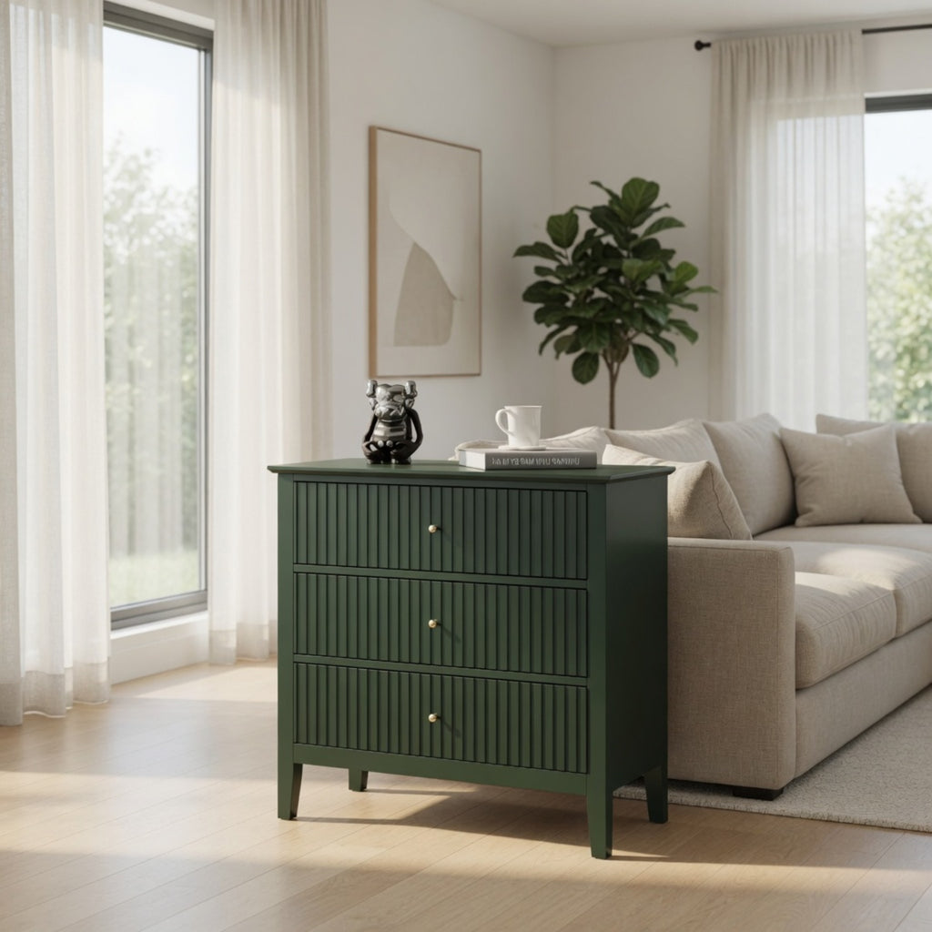 32" Wide Green Fluted 3 Drawer Nightstand, Large Modern Bedroom End Table
