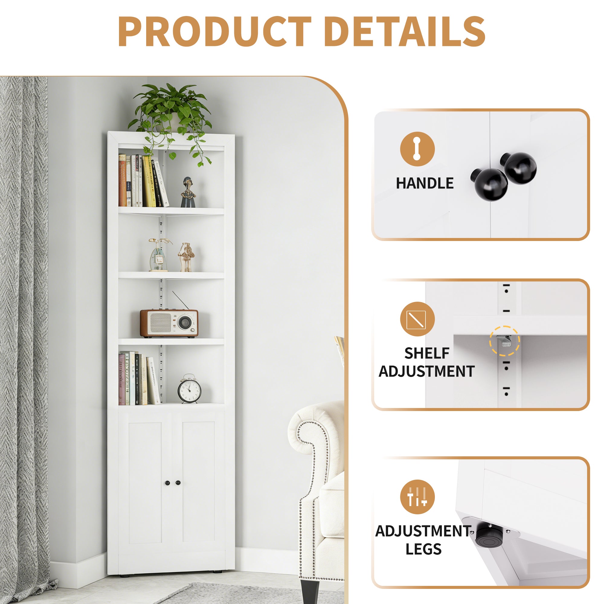 71" Tall Corner Storage Cabinet with 2 Doors, 5 Tier Metal Cabinet with Adjustable Shelves, Freestanding Kitchen Storage for Pantry, Living Room, Bathroom, Laundry Room, Space Saving Furniture, White