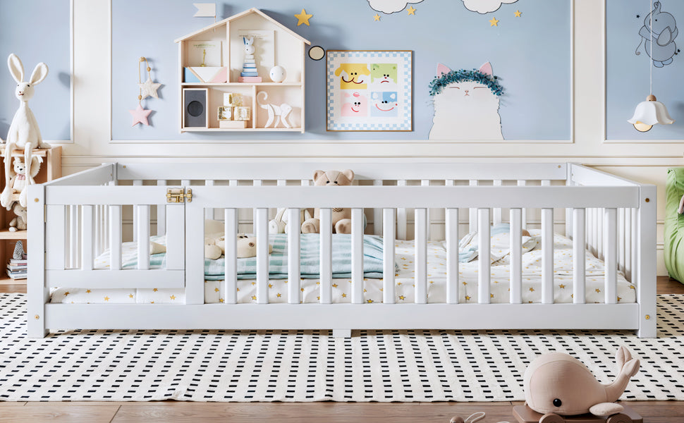 Full Size Bed Floor Bed with Safety Guardrails and Door for Kids, White