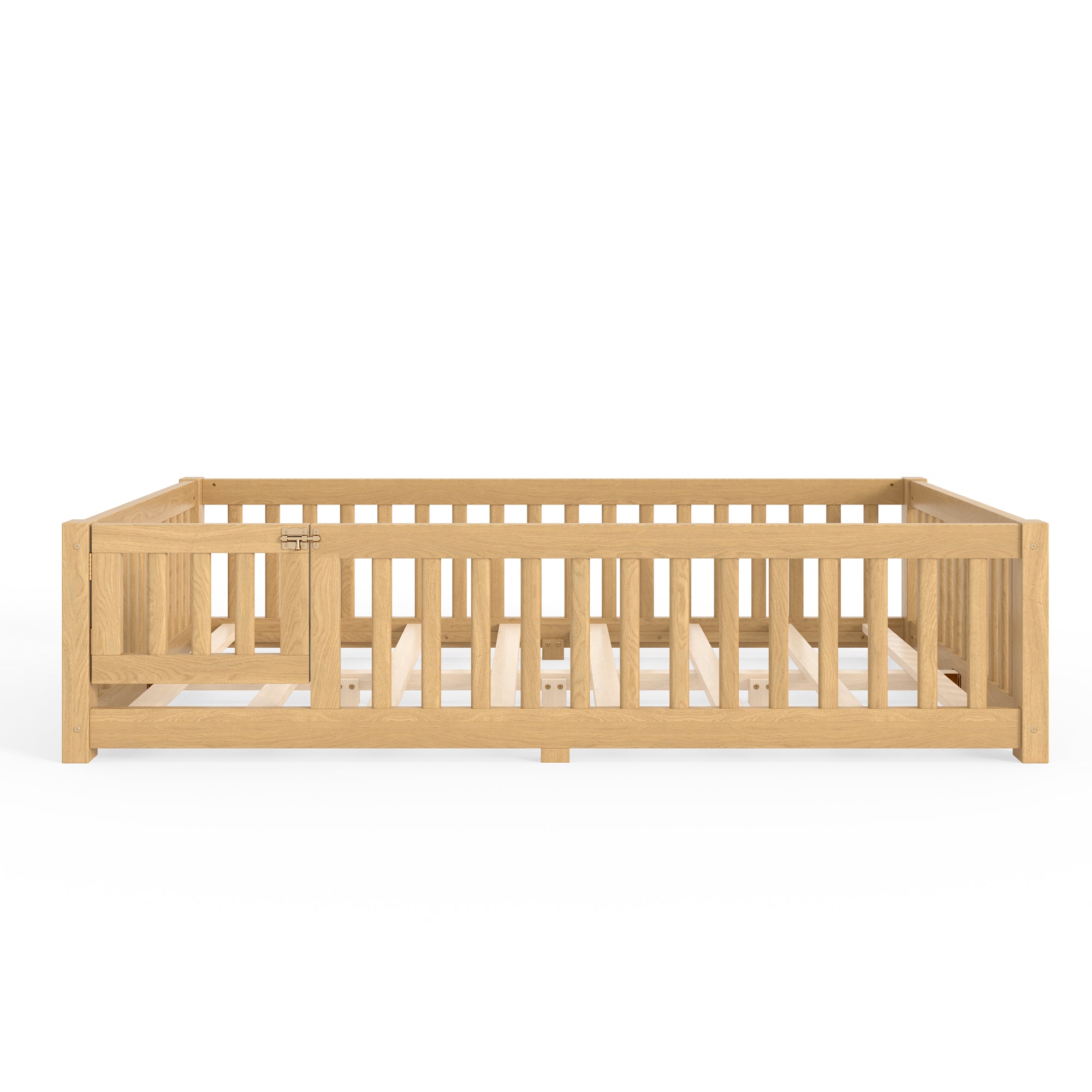 Full Size Bed Floor Bed with Safety Guardrails and Door for Kids, Natural