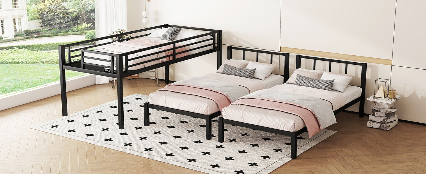 Twin over Twin & Twin Bunk Beds for 3, Twin XL over Twin & Twin Bunk Bed Metal Triple Bunk Bed, Black