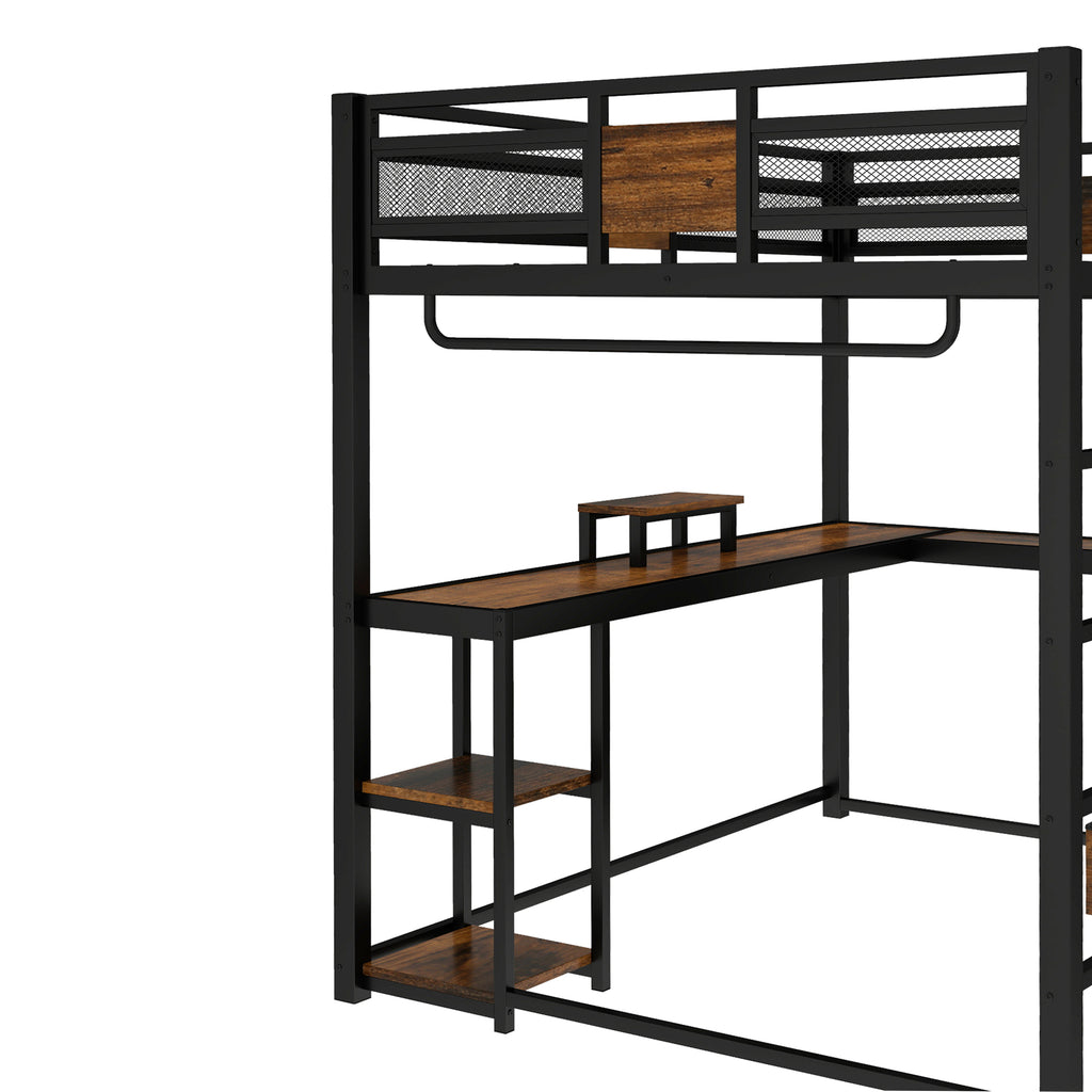 Queen Loft Bed with Desk and Storage Non woven Fabric Drawers, Metal Loft Bed Frame with Ladders, Nosie free and No Spring Box Needed, Black