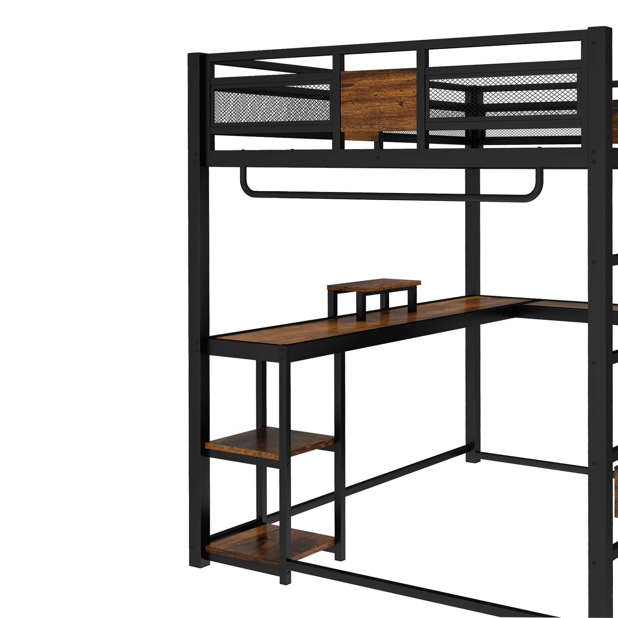 Queen Loft Bed with Desk and Storage Non woven Fabric Drawers, Metal Loft Bed Frame with Ladders, Nosie free and No Spring Box Needed, Black