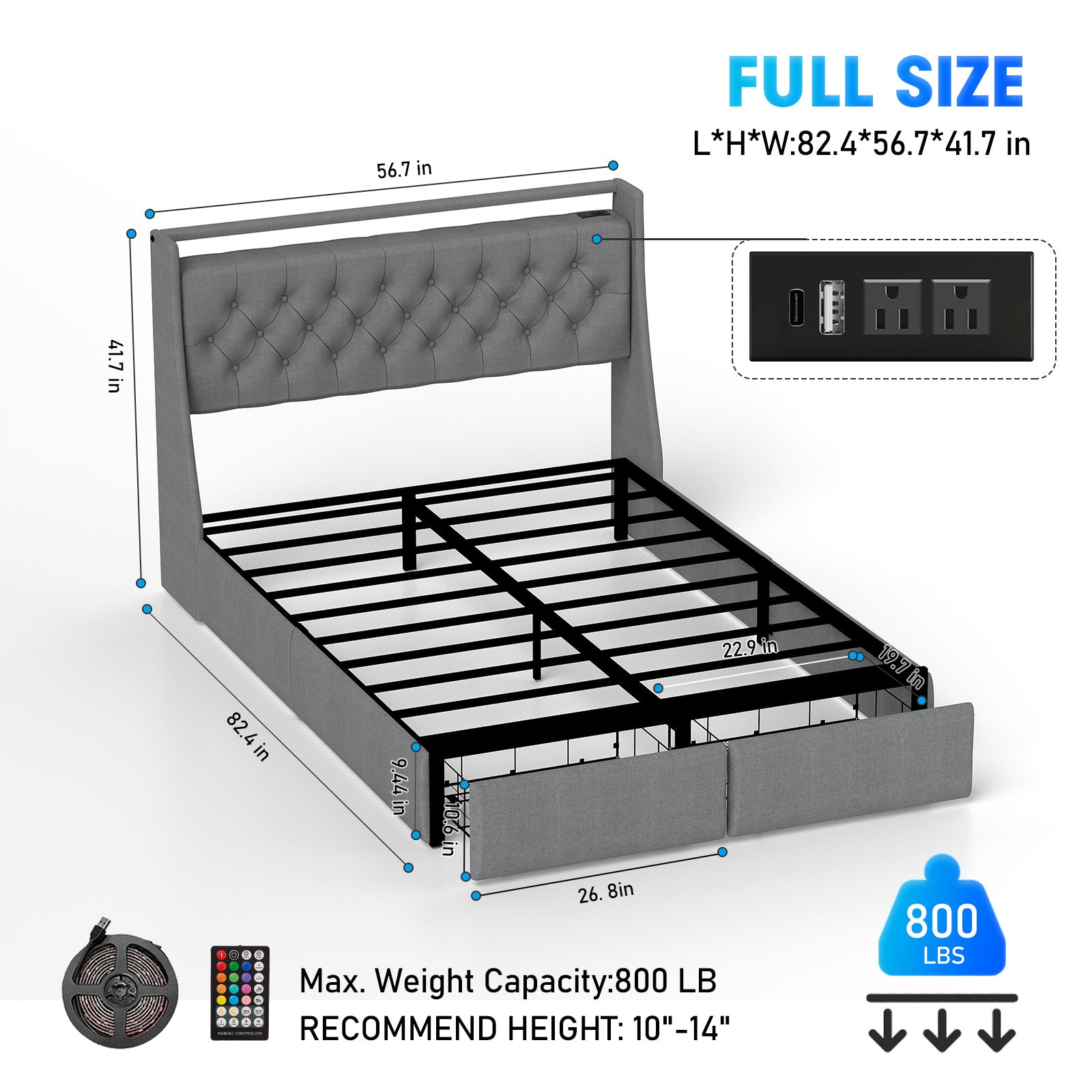 Full Size Bed Frame with Storage Headboard, RGB LED Light & USB Charging Station Grey