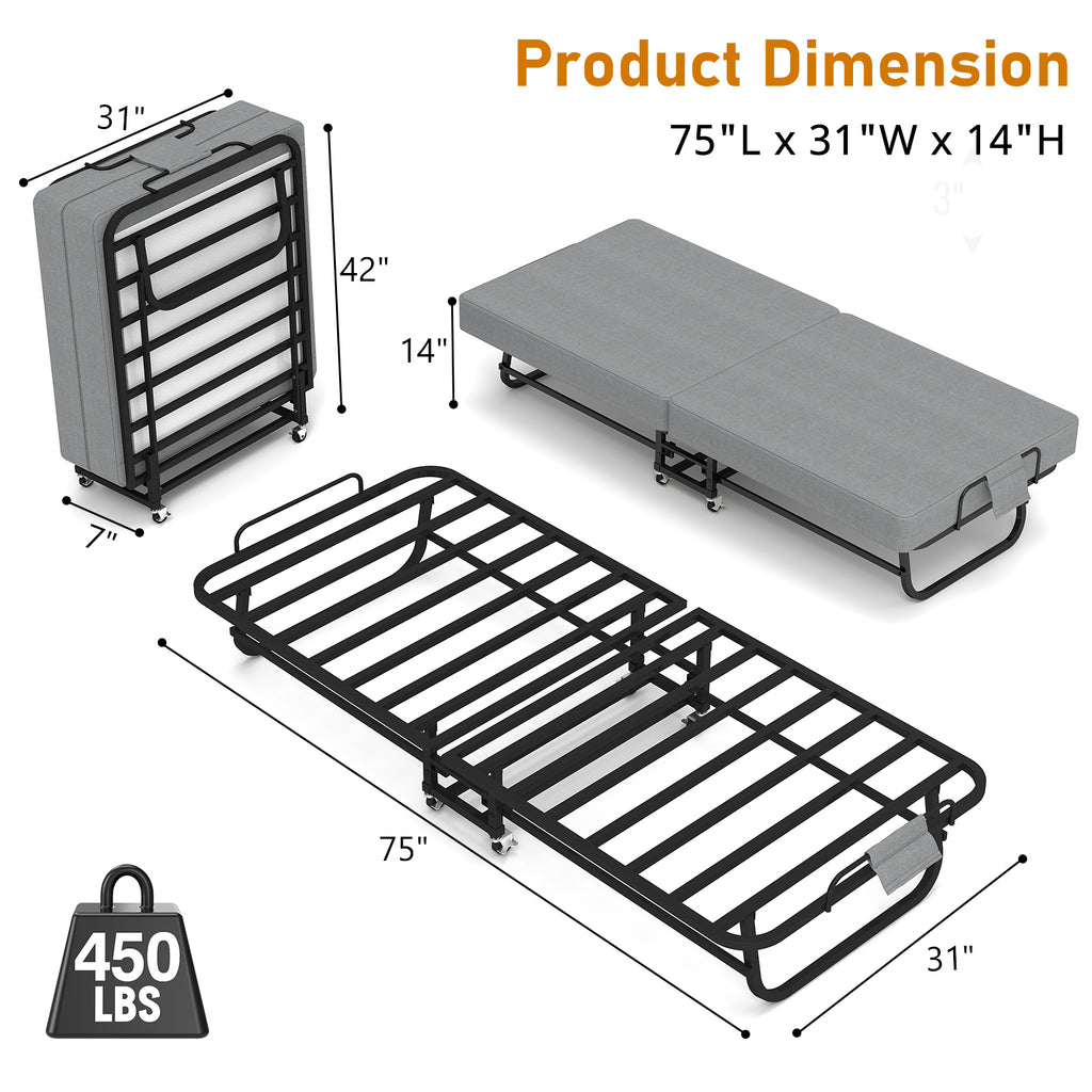 Portable Folding Bed with Memory Foam Mattress, Lockable Wheels, Breathable Linen Fabric for Adults