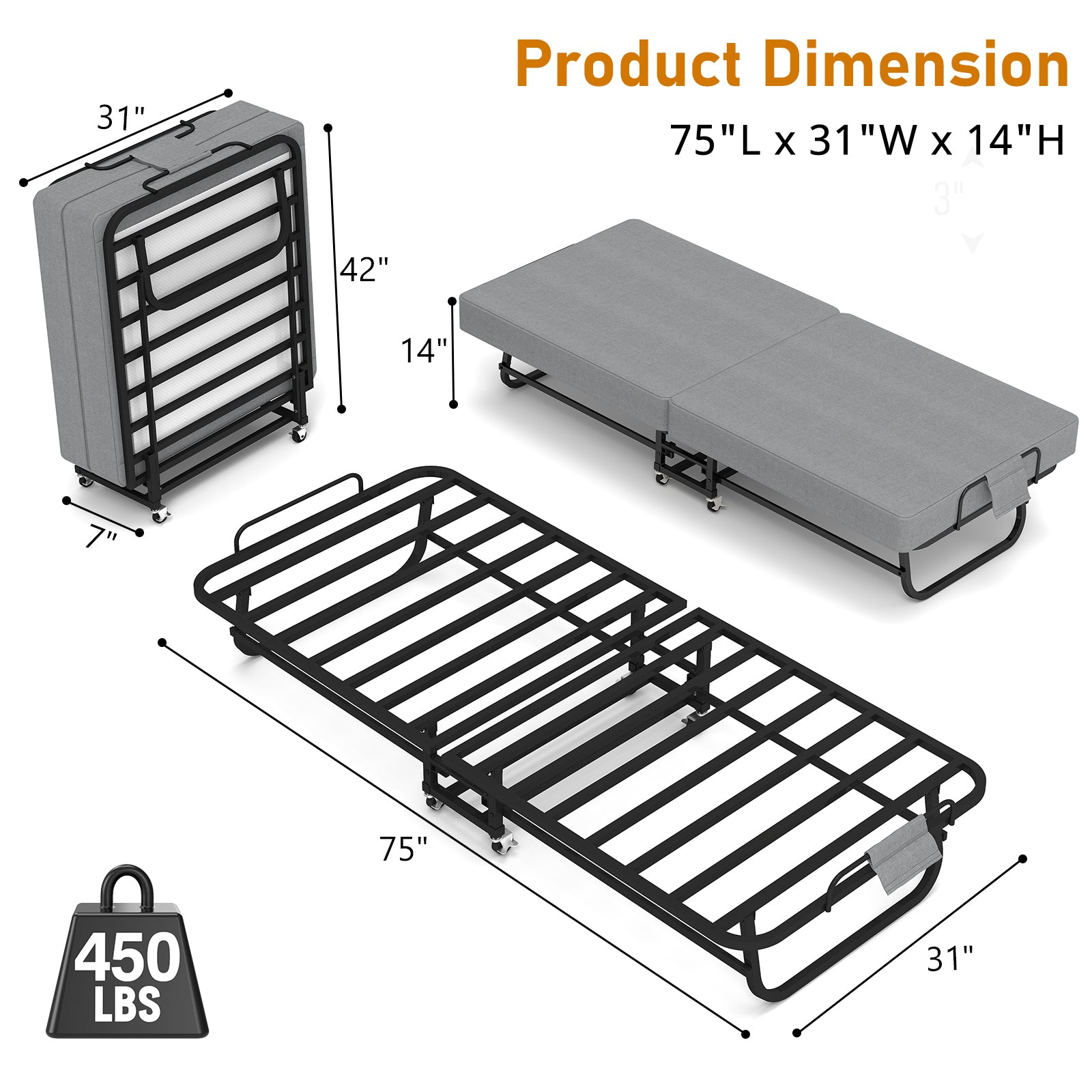 Portable Folding Bed with Memory Foam Mattress, Lockable Wheels, Breathable Linen Fabric for Adults
